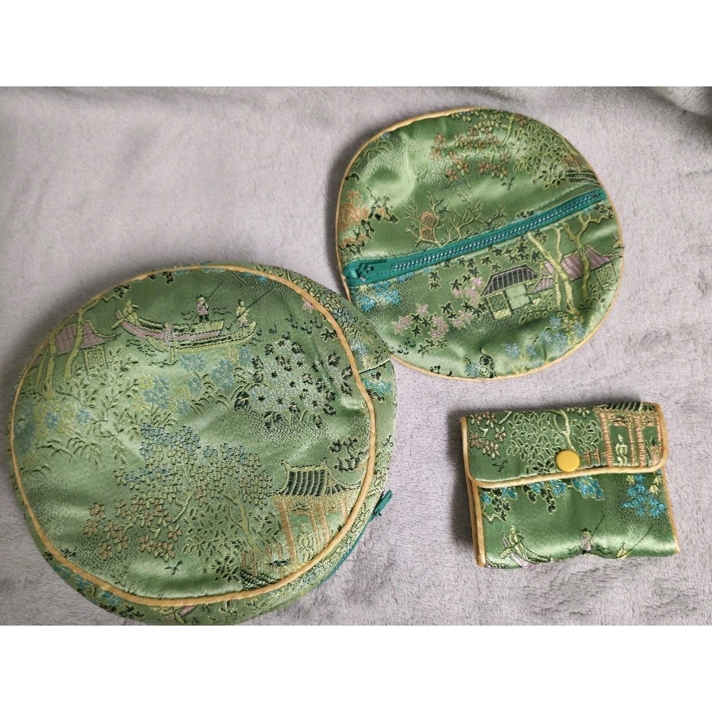 Asain Silk Embroidered 3 Pc Cosmetic Coin Jewelry Travel Pouches